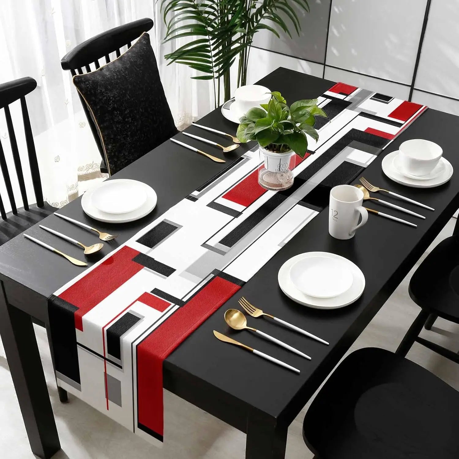 Red Black Boho Color Block Linen Table Runner Holiday Party Decor Geometric Abstract Table Runners Kitchen Dining Table Decor