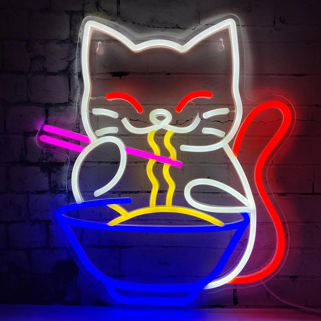 Lucky Cat Noodle LNeon Signs LED Neon Light Sign Light Up Neon Signs Wall Decor for Home Bar Living Room Store Club Bistro