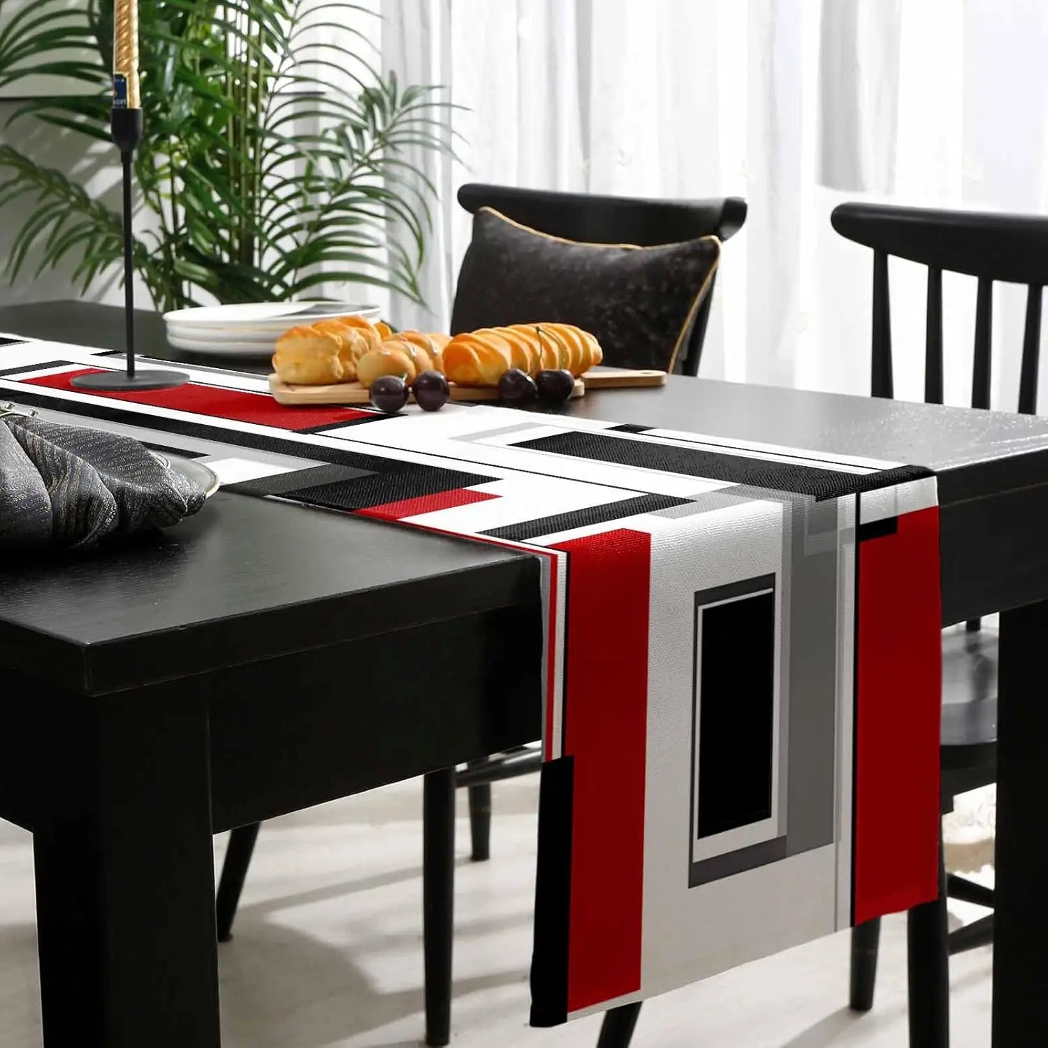Red Black Boho Color Block Linen Table Runner Holiday Party Decor Geometric Abstract Table Runners Kitchen Dining Table Decor