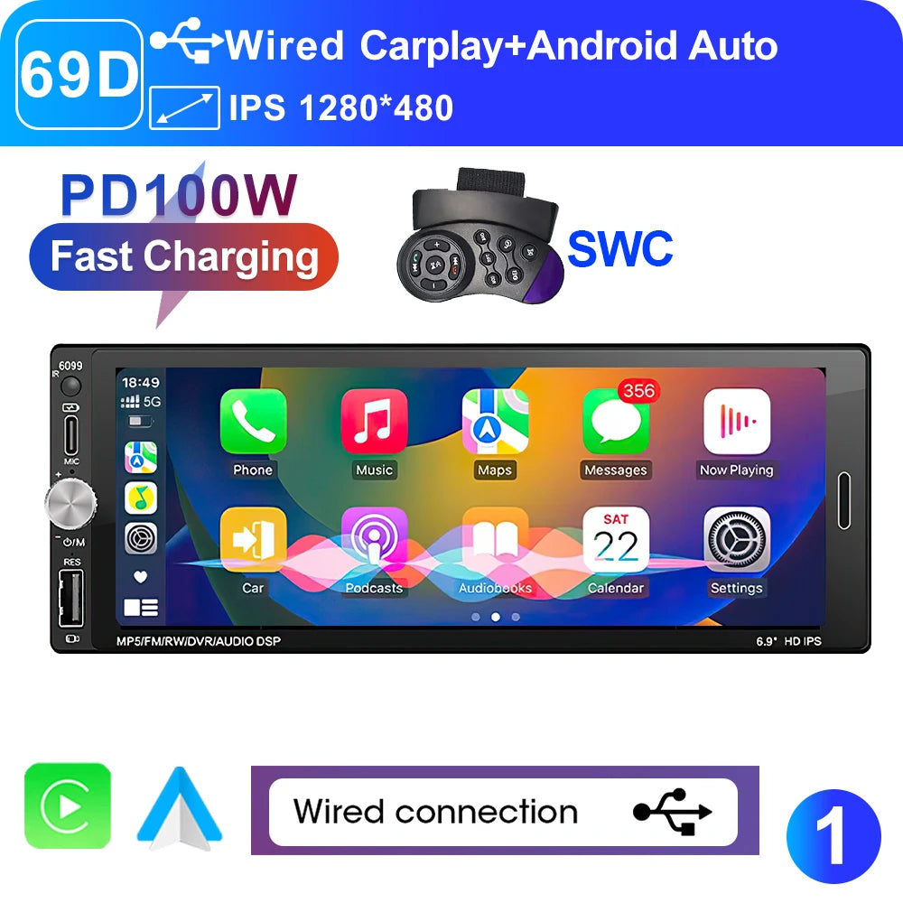 LEHX 6.9 Inch 1DIN Universal MP5 Car Radio Support Wireless Carplay Android AUTO AUX IPS Touch Screen Multimedia Video Player