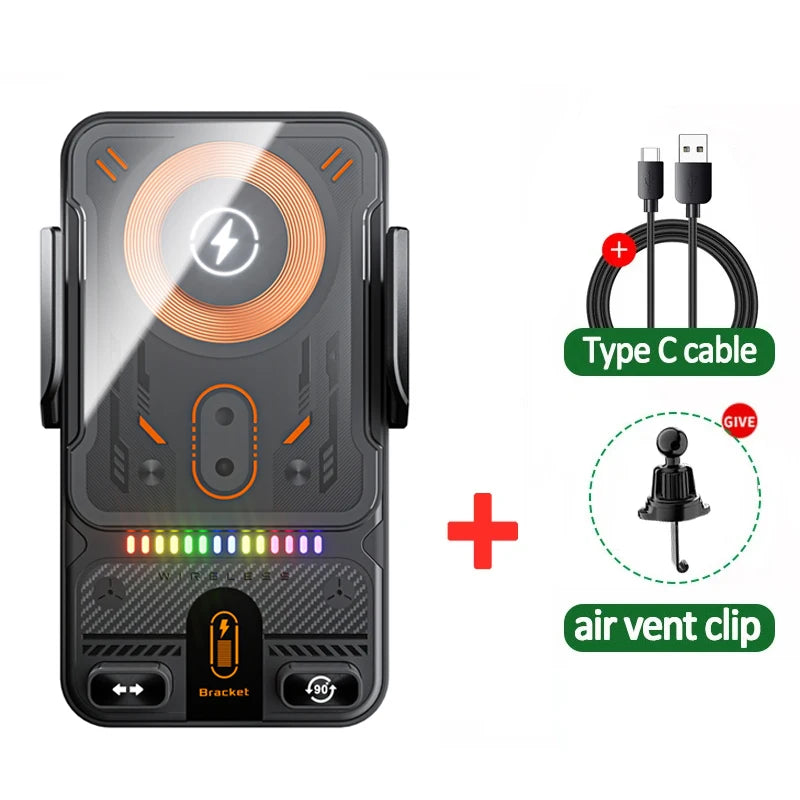 Auto-Clamping RGB Light Car Wireless Charger Phone Holder Stand Touching 360 Rotation Fast Charging Bracket For iPhone Samsung