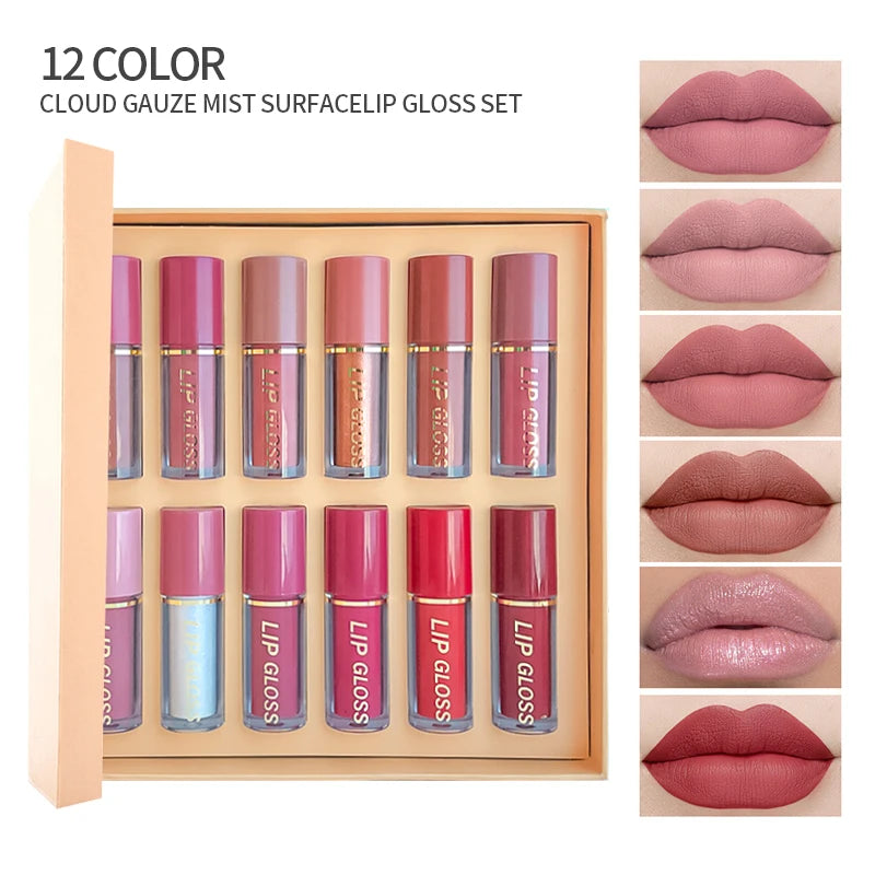 12pcs Matte Lip Glaze Set, Waterproof Long-Lasting Non-Stick Cup,Multi-Color System in Pink, Brown, Red, Purple