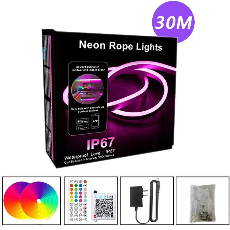 EU Plug DC24V 3535 RGB Neon LED Strip 5/10/15/20/30M Bluetooth Music Sync Waterproof Neon Rope Light for Indoor Outdoor Decor