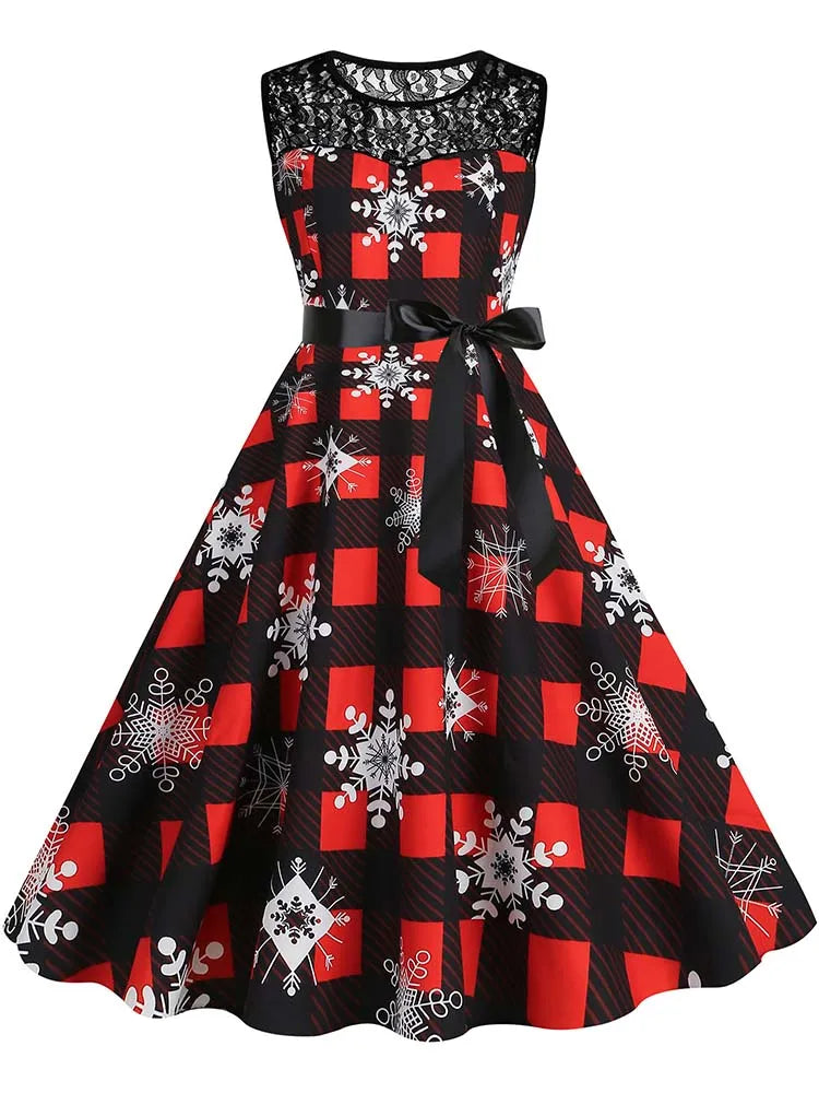 Christmas Dress Women Vintage 50s Lace Sleeveless Print Party A Line Santa Claus Sundress Runway Midi Pinup Flare Dresses