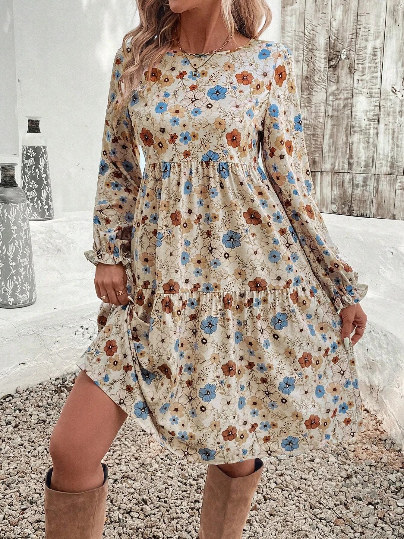 Women's Floral Print Tie Neck Flounce Sleeve Dress, Elegant Fashion Casual Dress for Daily Outdoor Wear, Women Dress for Spring