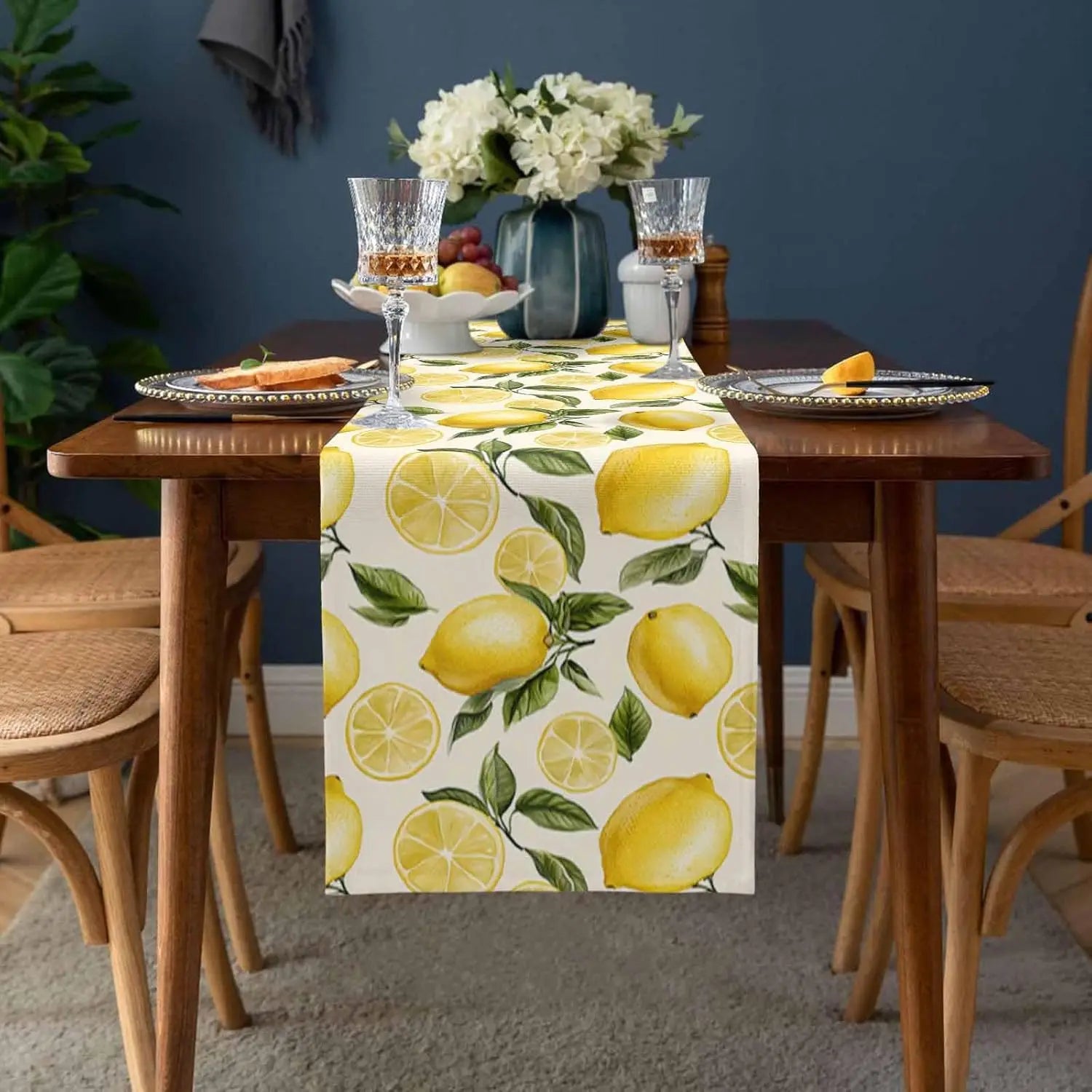 Summer Lemon Theme Linen Table Runner Holiday Wedding Party Decor Watercolor Summer Farmhouse Table Runners Dining Table Decor