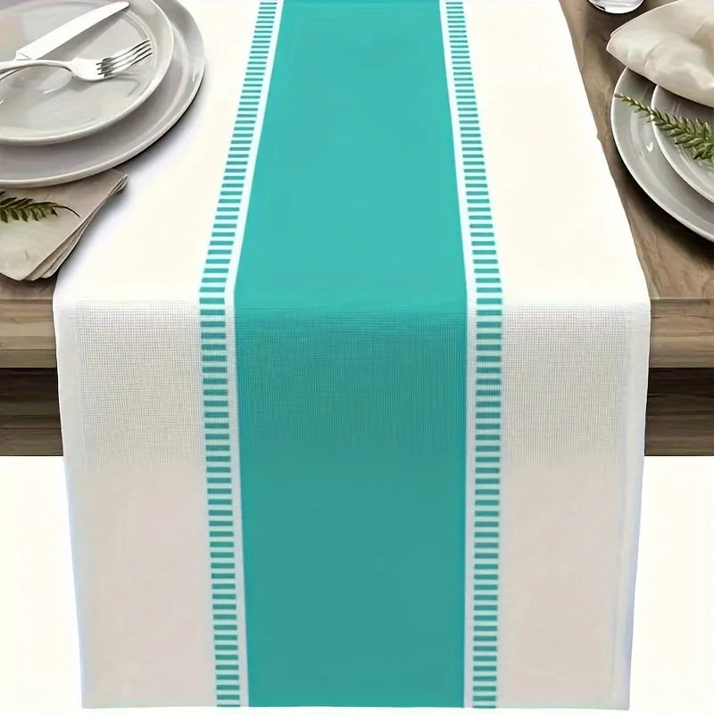 1 Piece Gray and Cyan Striped Table Runner, Modern Farmhouse Style Dining Table or Coffee Table Decoration, Perfect for Summer Parties and Living Rooms, Coffee Table Runner | Elegant Table Decoration