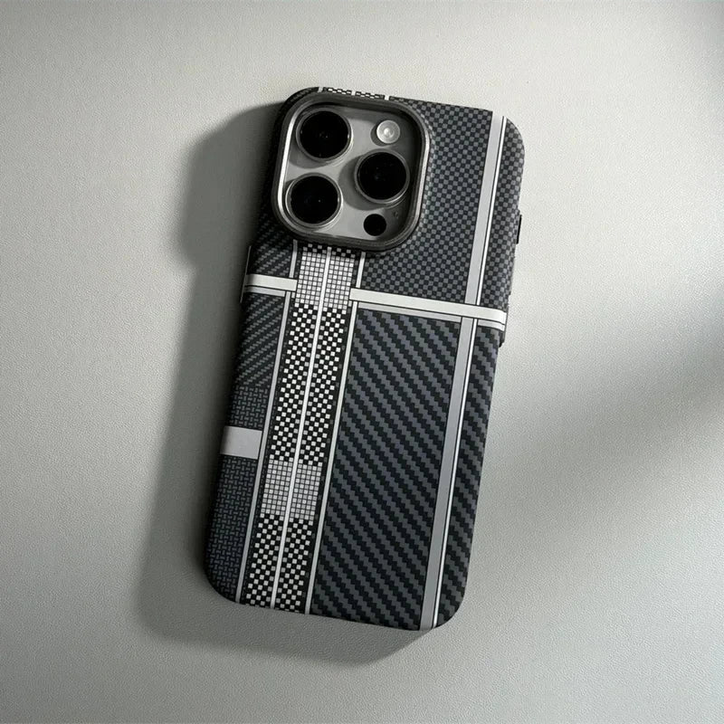 For iPhone 16 15 14 Pro Max Case Carbon Fiber Abstract Geometric MagSafe Cover Magnetic Charging Shell Camera Alloy Armor Fundas
