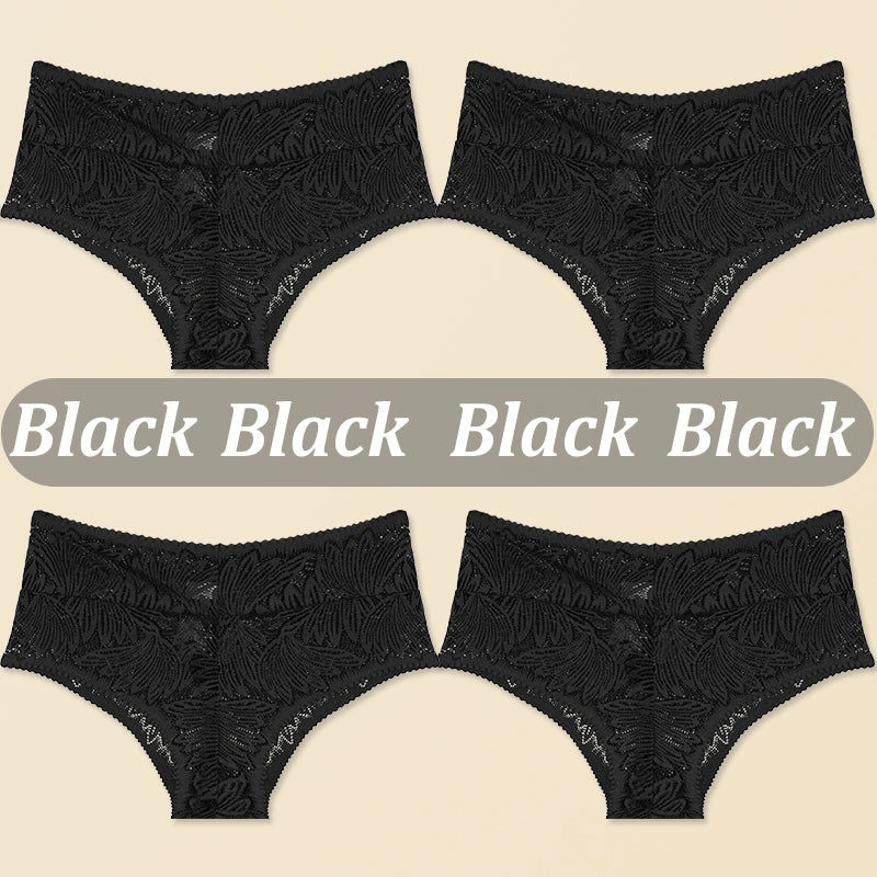 4PCS/Set Women Floral Lace Thongs Sexy Perspective G-String Mid Waist T-back Female Breathable Intimates Brazilian Underwears
