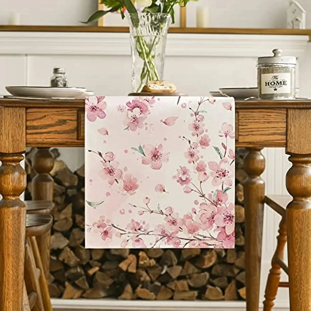 Spring Sakura Cherry Blossoms Branches Linen Table Runner Summer Kitchen Dining Table Decor Outdoor Picnic Wedding Party Decor