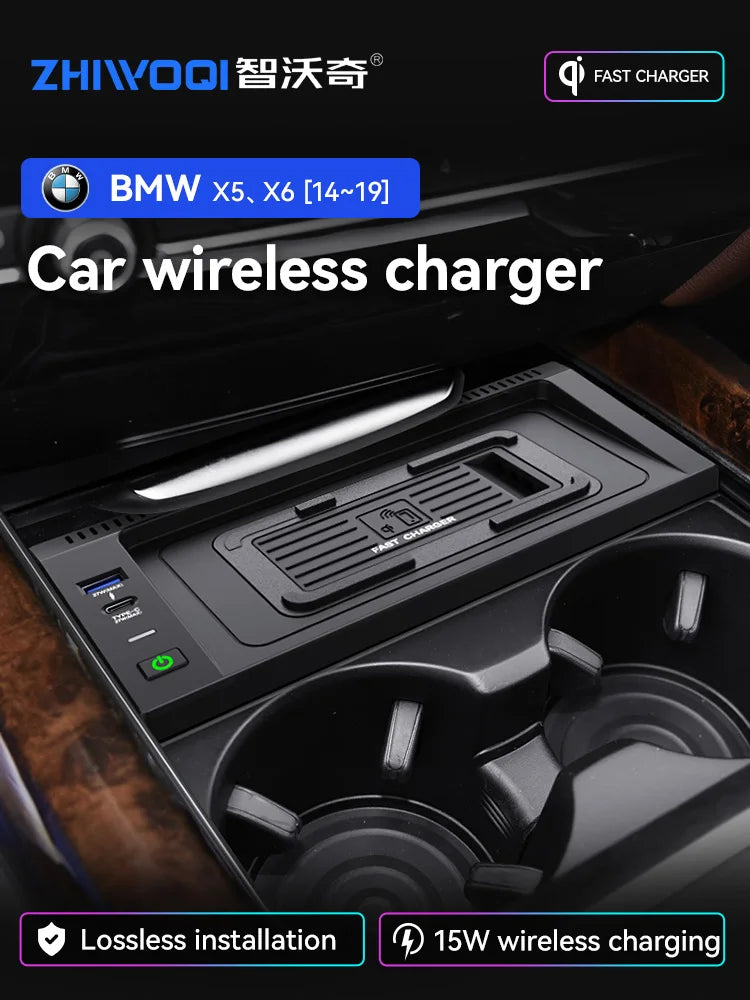 For BMW X5 F15 X6 F16 2014 2015 2016 2017 2018 15W Car QI wireless charger fast phone charger charging holder accessories