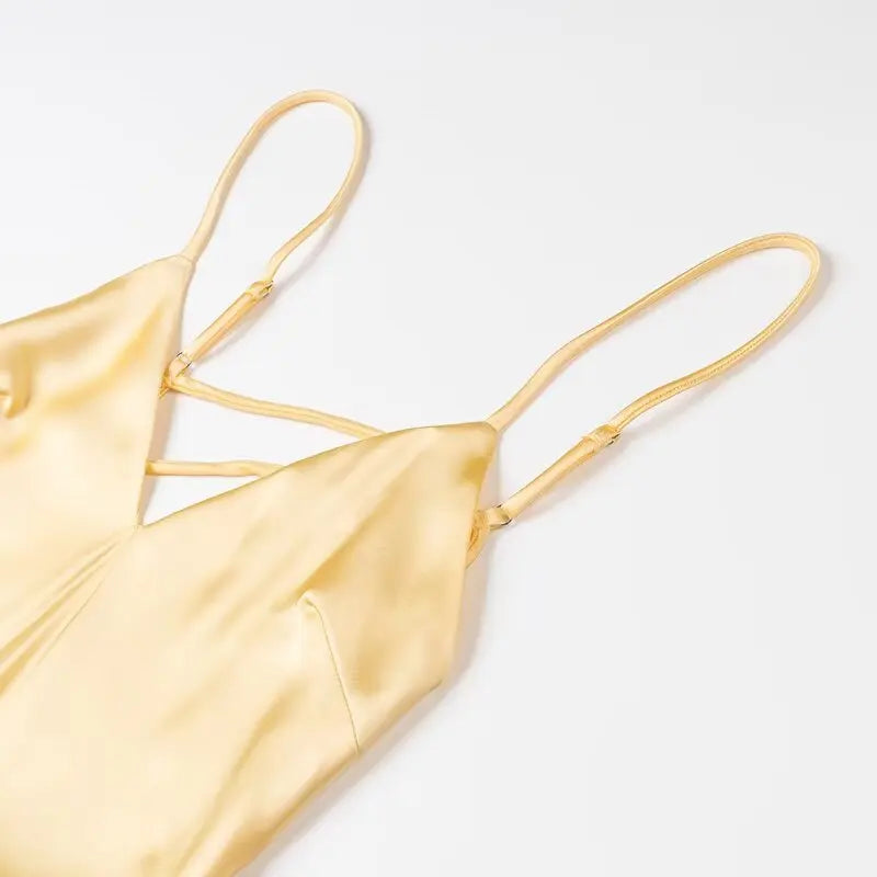 HH Women Summer Yellow Stain V Neck Sling Dress Elegant Sleeveless Loose Maxi Robes 2025 New Ladies Party Holiday Dresses