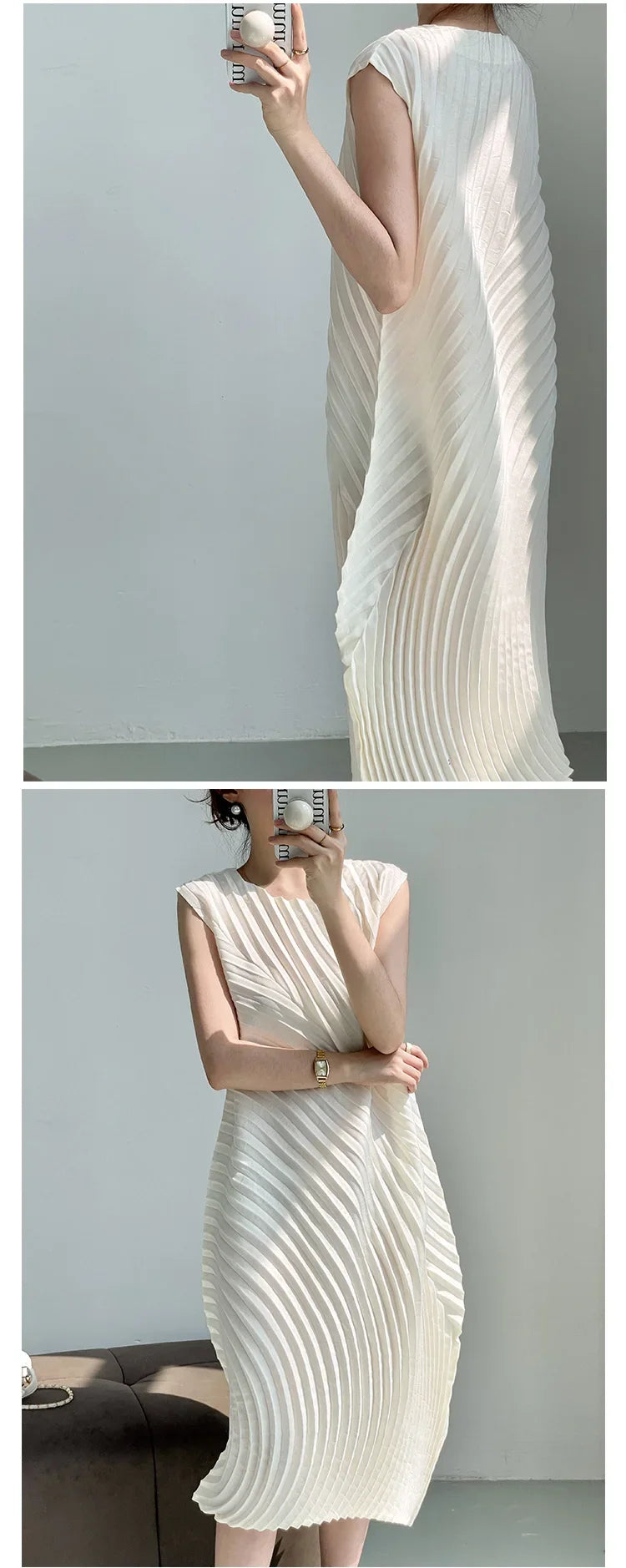 Miyake Hand Circle Pleated Sleeveless Dress Designer Long Round Neck Elegant Loose Summer Korean Style Aesthetic Clothes