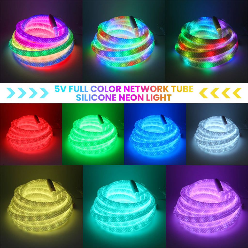 360 Glow Round RGB Neon LED Woven Strip Light 24key Bluetooth APP Remote Control 5V USB WS2812B Music Sync Waterproof Rope Decor