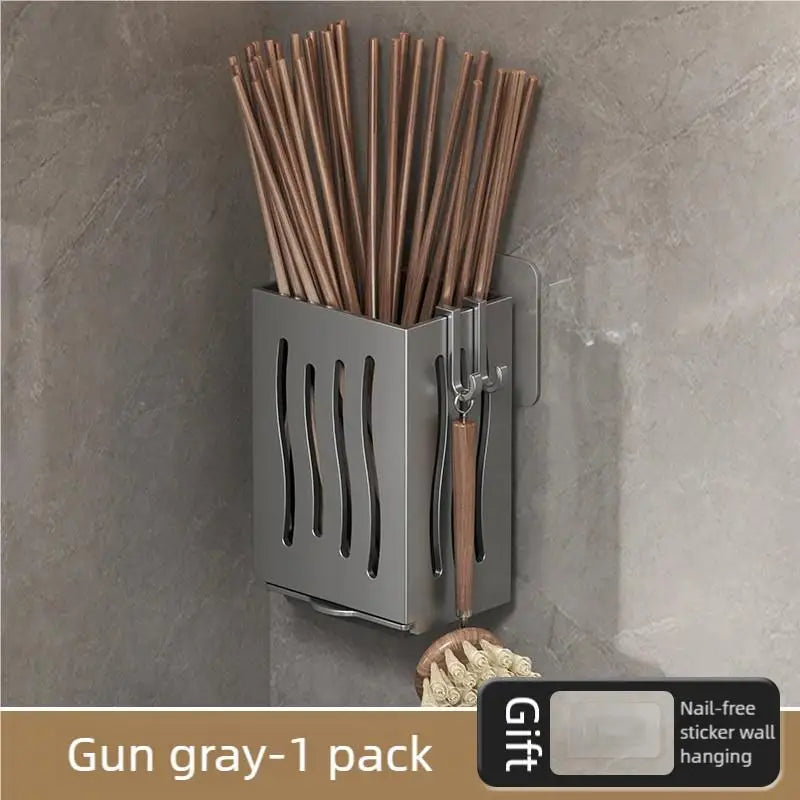 Kitchen Wall Mounted Shelf Multifunctional Chopstick and Spoon Cylinder No Hole Installation Drainage Basket Tableware Storage