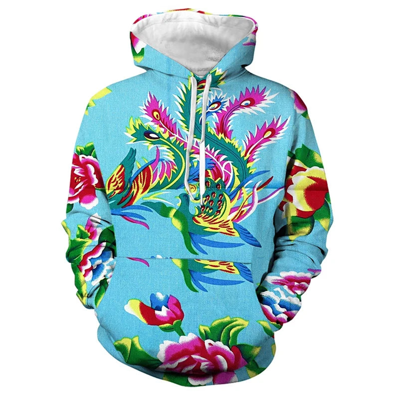 Men's 3d Print Floral Hooded Sweatshirt Chinese DongBei Style Flowers Graphic Hoodie Long Sleeves Pullovers Tops Women Clothes