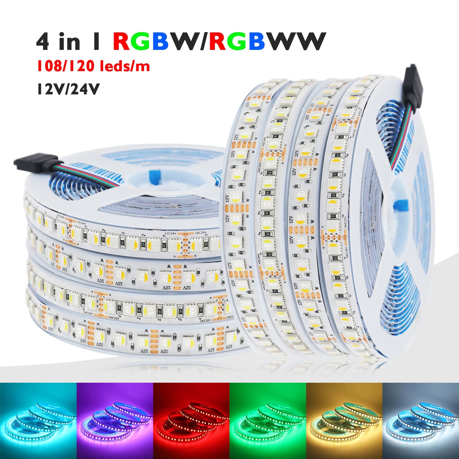 RGBW RGBWW LED Strip DC 12V 24V 4 Colors In 1 Chip SMD 5050 60 108 120 Leds/M Flexible Ribbon Tape Rope Light