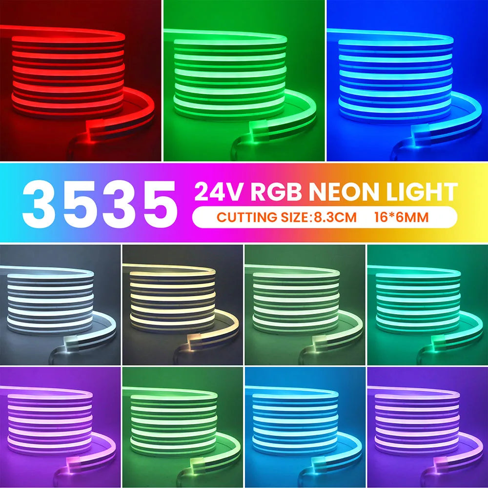EU Plug DC24V 3535 RGB Neon LED Strip 5/10/15/20/30M Bluetooth Music Sync Waterproof Neon Rope Light for Indoor Outdoor Decor