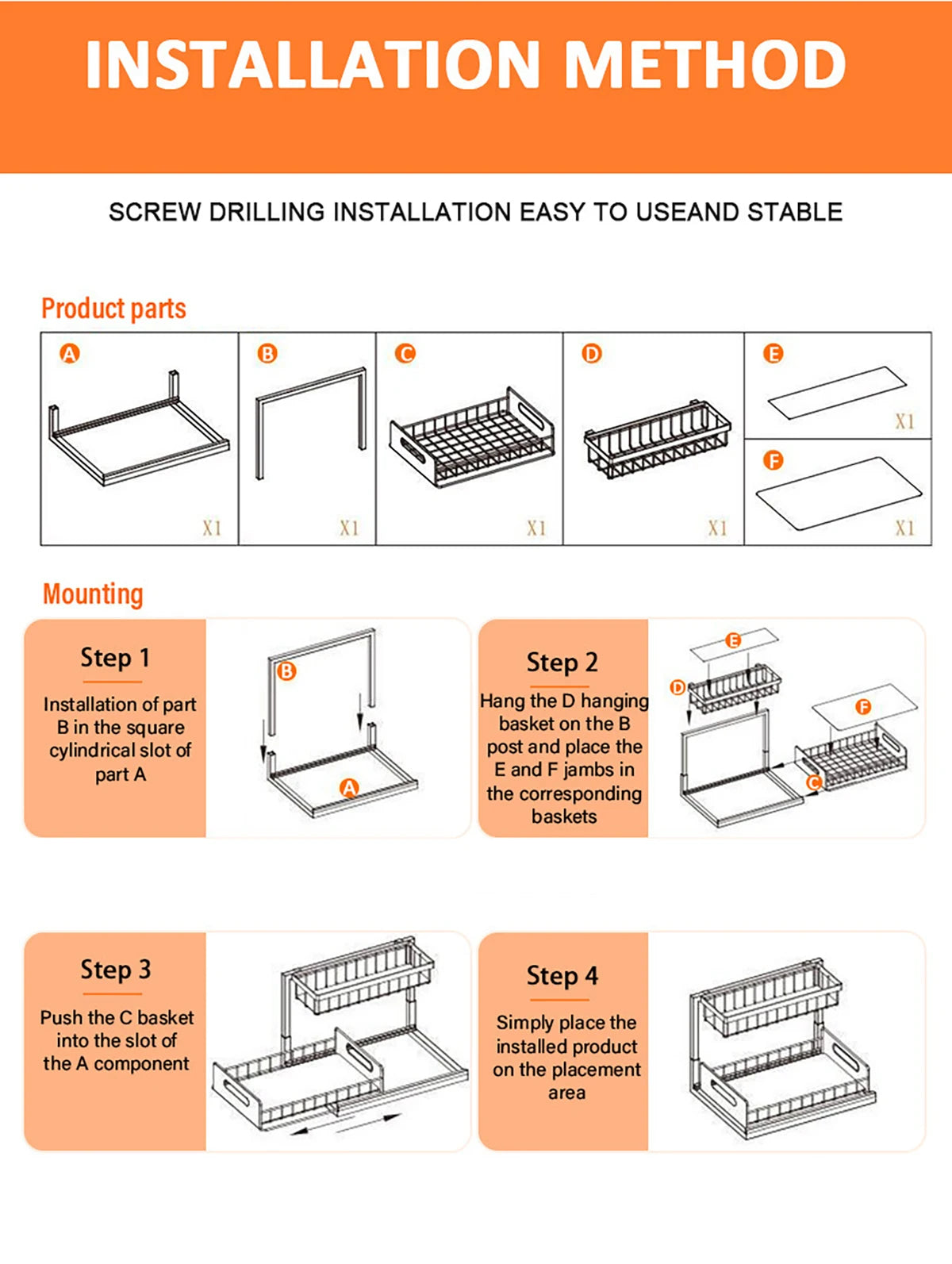 Carbon Steel Kitchen Shelf Double Space Saving Shelves Pull-out Design Countertop/Under Cabinet Dual Use