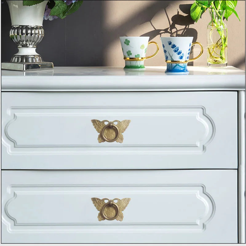 1Set Vintage Brass Kitchen Furniture Bronze Handles Decorative Copper Butterfly Shape Drawer Pull Cabinet Handle for Wood Door