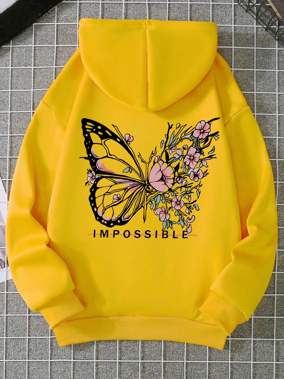 Rose Butterfly Impossible Letter Graphic Print Women Sweatshirt Fashion Warm Hooded Loose Casual Hoodies Fleece Soft Clothing