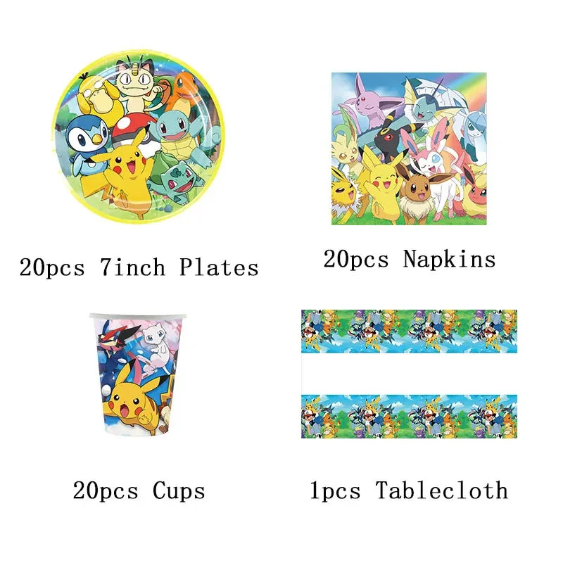 Pokemon Theme Birthday Party Decoration Supplies Cartoon Pokemon Go Tableware Cups Plates Pikachu Balloon For Baby Shower Favors