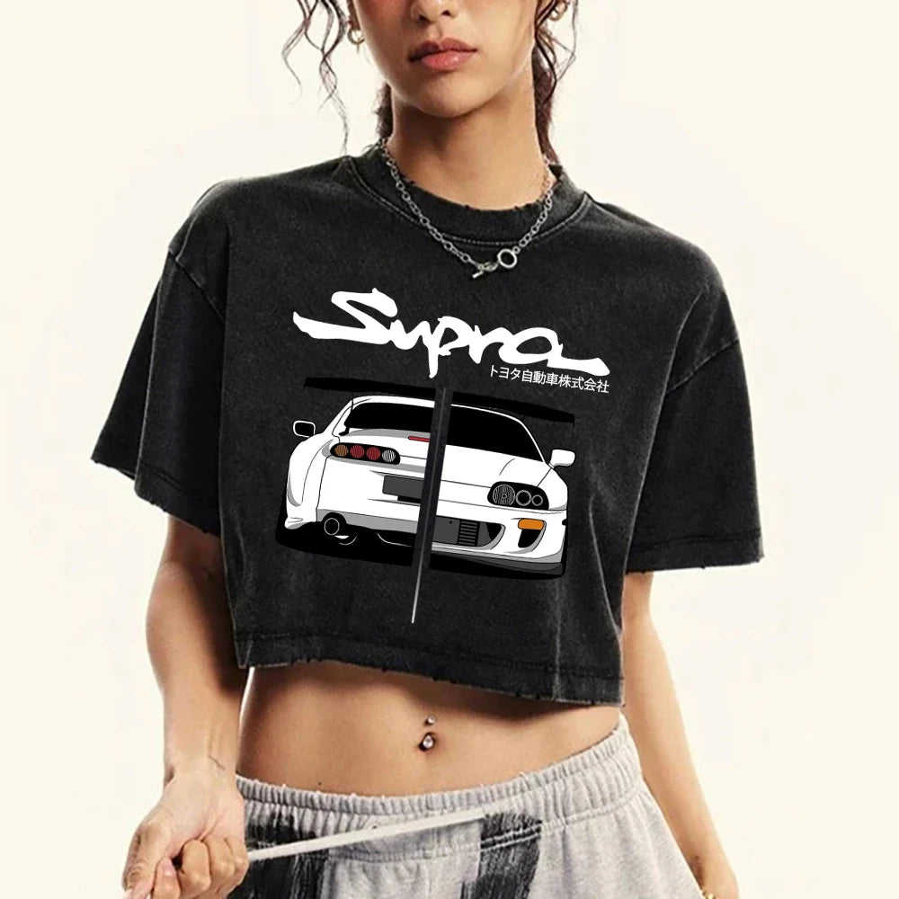 Woman Cotton Washed T-Shirts Street Regular O-Neck Crop Tees Japanese Style Cool Car Puzzle Print Short Sleeve Summer Clothes