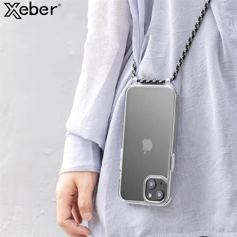 Lanyard Strap Crossbody Cord Rope Clear Case For iPhone 17 16 15 14 13 Pro Max 12 11 XR Mini 7 8 Plus Shockproof Acrylic Cover