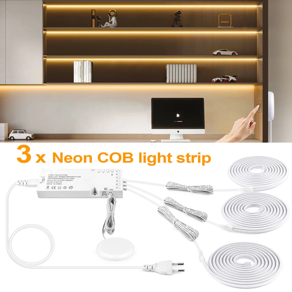 COB Neon Strip Under Cabinet Led Lights Penetrable Wood Dimmable Touch Sensor Wall Lamp,Kitchen Storage Cabinet Lighting Decor