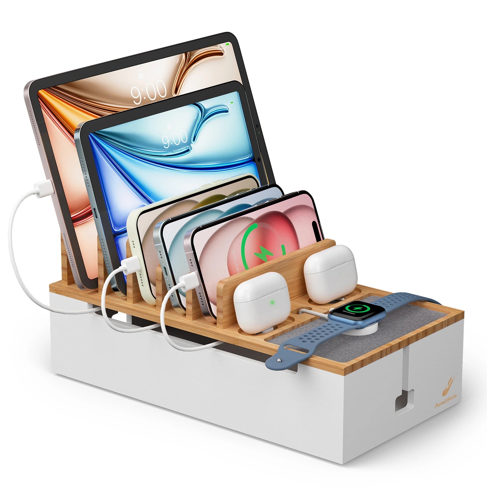 Bamboo Charging Station for Multiple Devices Charger Dock Holder Stand for Cell Phone and Tablet Electronic Devices Organizer