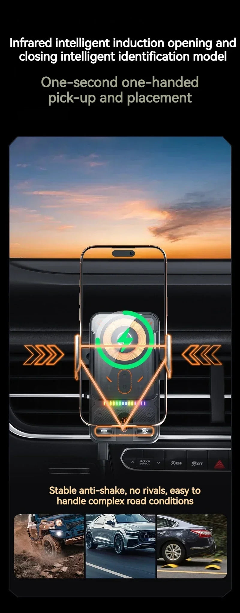 Auto-Clamping RGB Light Car Wireless Charger Phone Holder Stand Touching 360 Rotation Fast Charging Bracket For iPhone Samsung