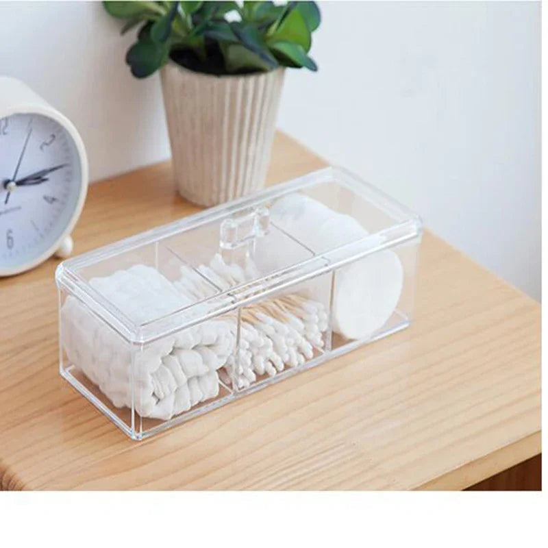 1pc Transparent Cosmetic Storage Box Acrylic Make Up Organizer Three Grid Cotton Swab Cotton Pad Storage Box Home Organization
