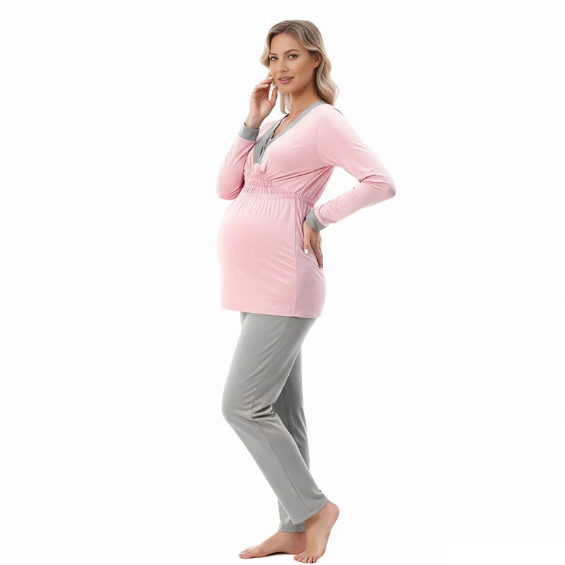Maternity Clothes Pajamas Postpartum Breastfeeding Nightgown Spring Autumn Sleepwear For Pregnant Women Homewear Set 2PCS