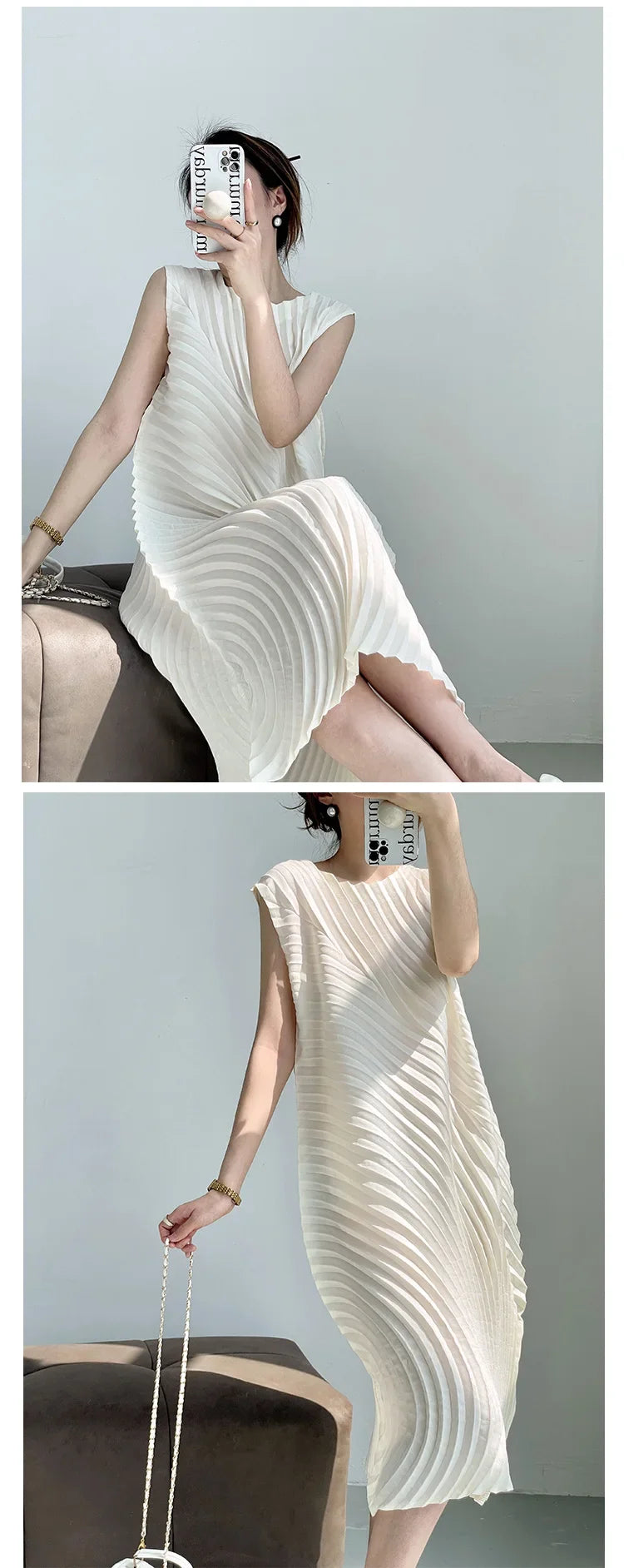 Miyake Hand Circle Pleated Sleeveless Dress Designer Long Round Neck Elegant Loose Summer Korean Style Aesthetic Clothes