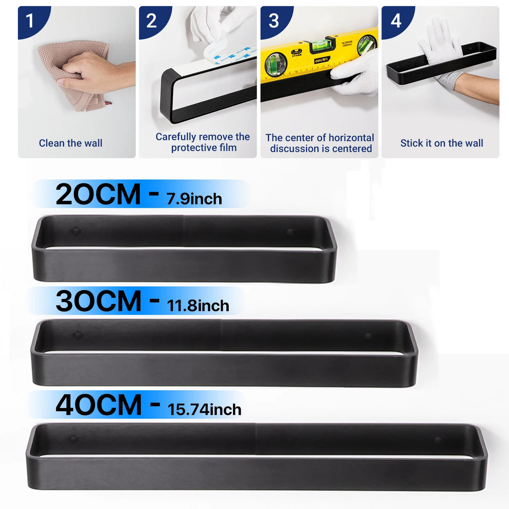 Bathroom Towel Rack Towel Holder 20/30/40CM Black Towel Bar No drill Wall Mount Stainless Steel Kitchen Cabinet Storage