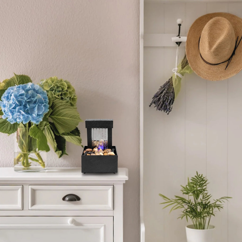 Tabletop Fountain with Light Battery/USB Operated Mini Desktop Waterfall Decoration Creative Flowing Water Fountain Ornaments