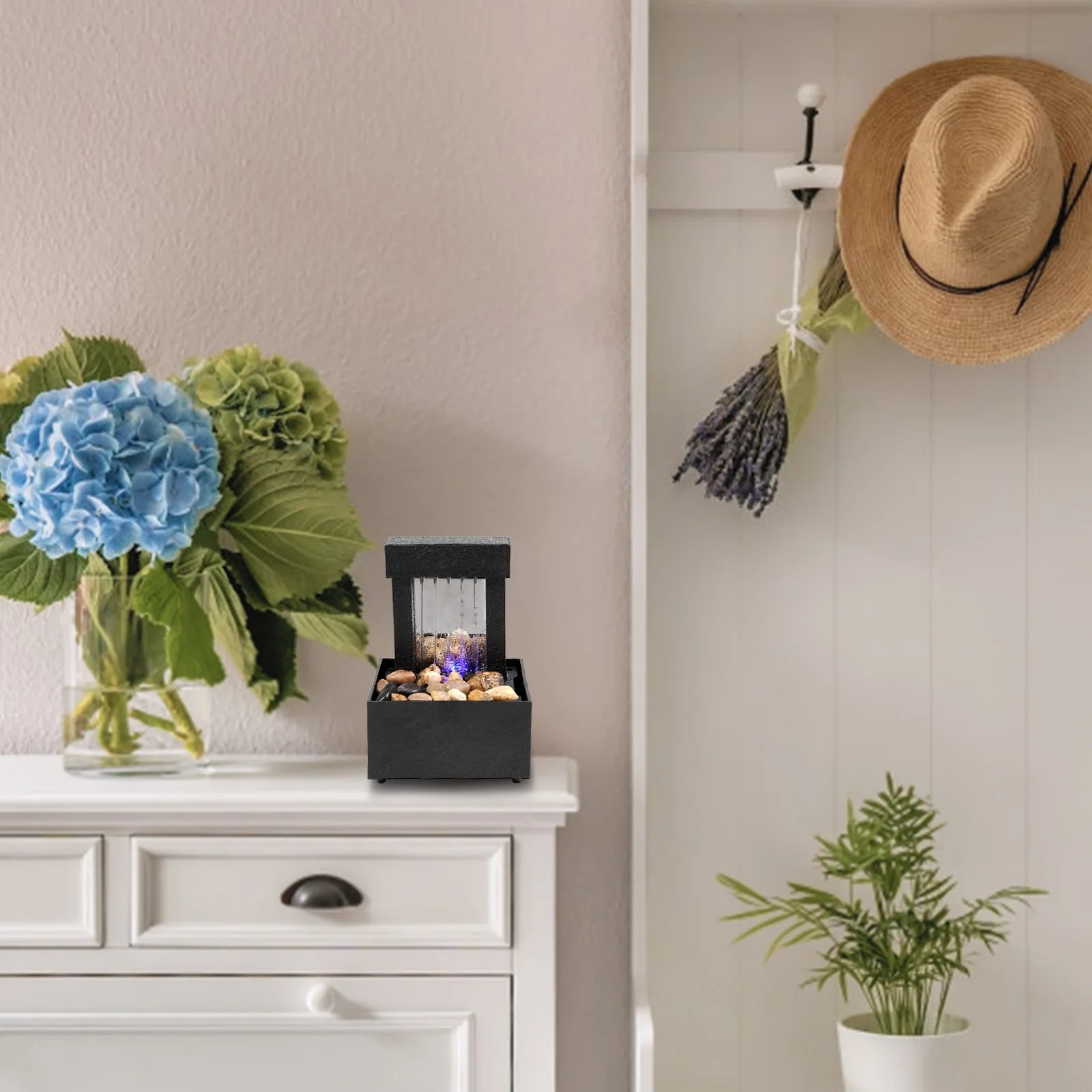 Tabletop Fountain with Light Battery/USB Operated Mini Desktop Waterfall Decoration Creative Flowing Water Fountain Ornaments