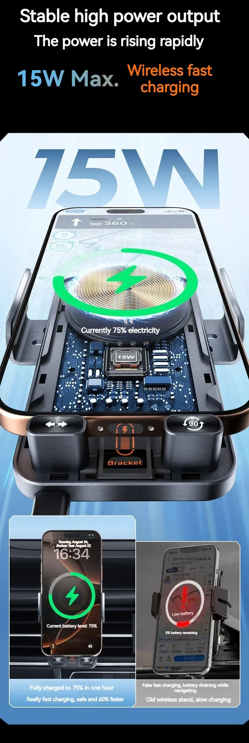 Auto-Clamping RGB Light Car Wireless Charger Phone Holder Stand Touching 360 Rotation Fast Charging Bracket For iPhone Samsung