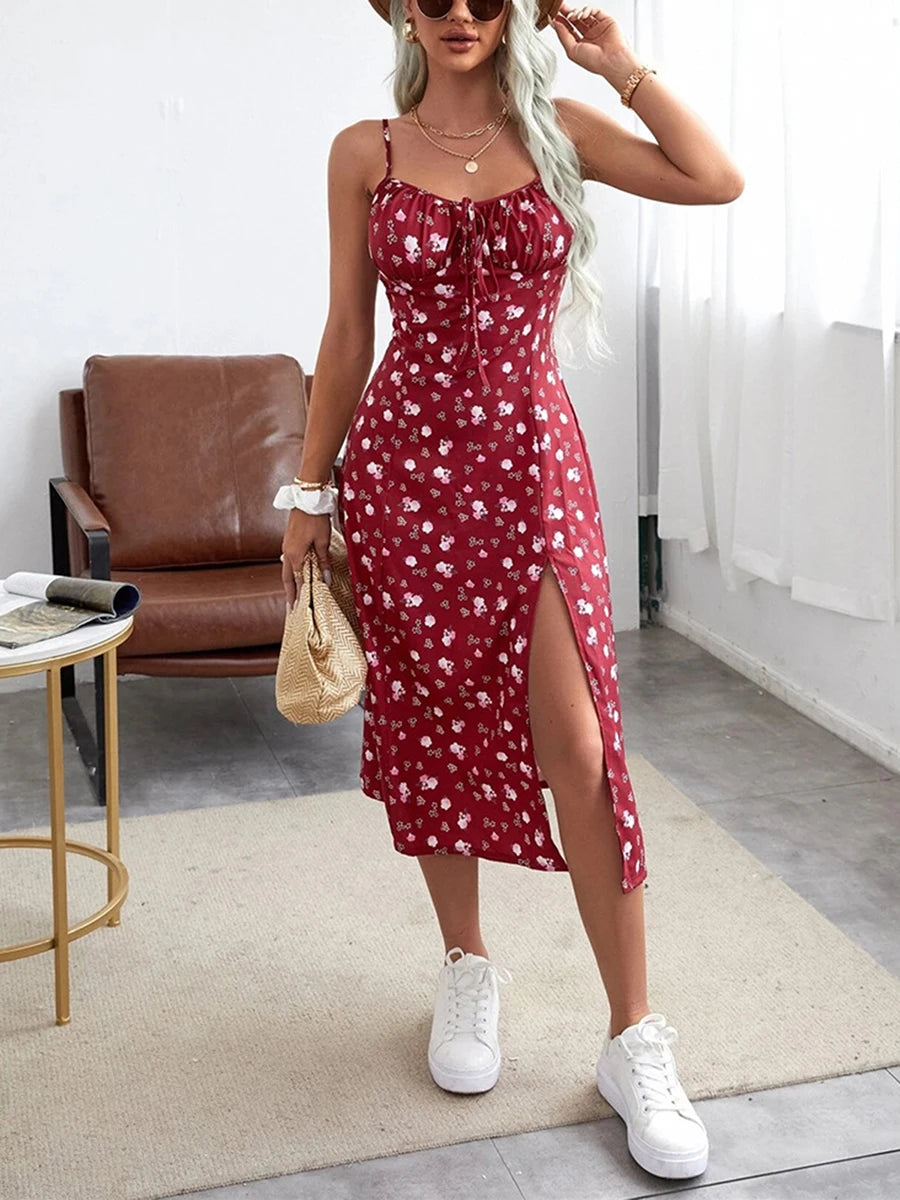 Women's Clothing Summer 2024 Trend Floral Dress, Flower Print Spaghetti Strap Sleeveless  with High Slit for Ladies
