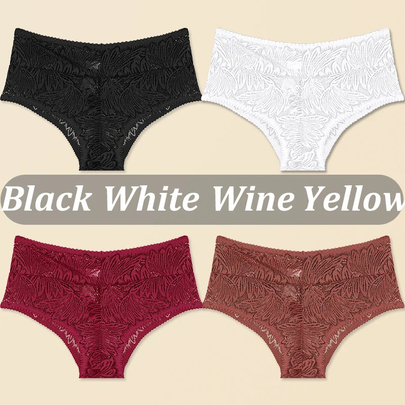 4PCS/Set Women Floral Lace Thongs Sexy Perspective G-String Mid Waist T-back Female Breathable Intimates Brazilian Underwears