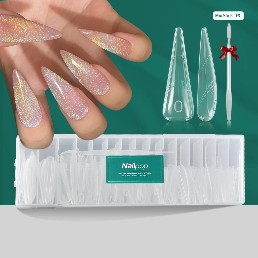 Nailpop 150PCS Clear Dual Nail Forms 15 Sizes Triangle Tip Extension Molds for Acrylic Gel Builder Reusable Shaping Art DIY