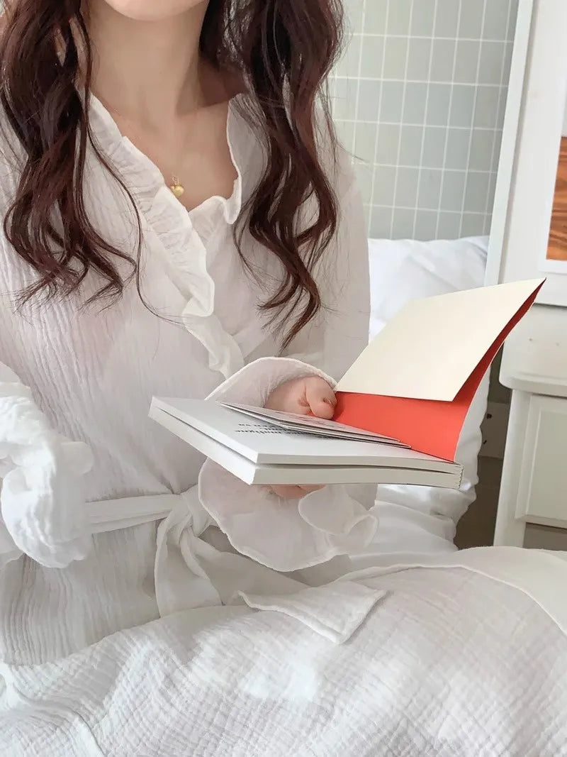 Women's Spring and Summer New Simple Long-Sleeved Robe Girls Sweet Ins Wind Ruffled Thin Section of Solid Color Pajamas Home Wea