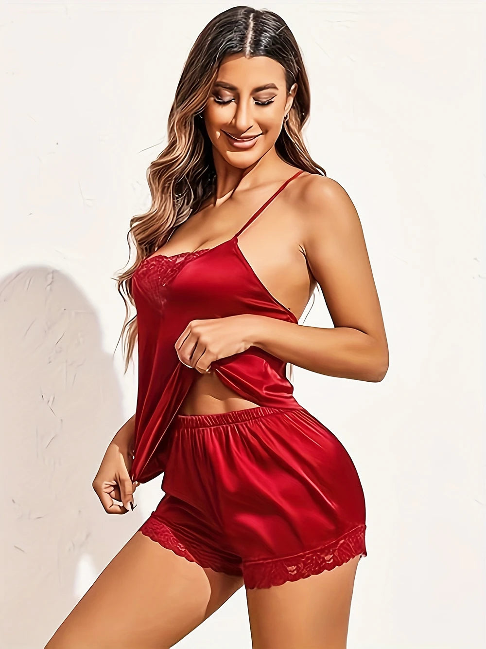 Sexy Lace Pajama Set for Women 2Pcs Summer Sleepwear Lingerie Nightwear Black WineRed Green Lace Cami Top Shorts Comfortable