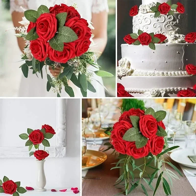 50/5Pcs Artificial Roses Flowers Foam Fake Rose Heads With Stems For DIY Wedding Bouquets Home Party Tables Decorations Supplies