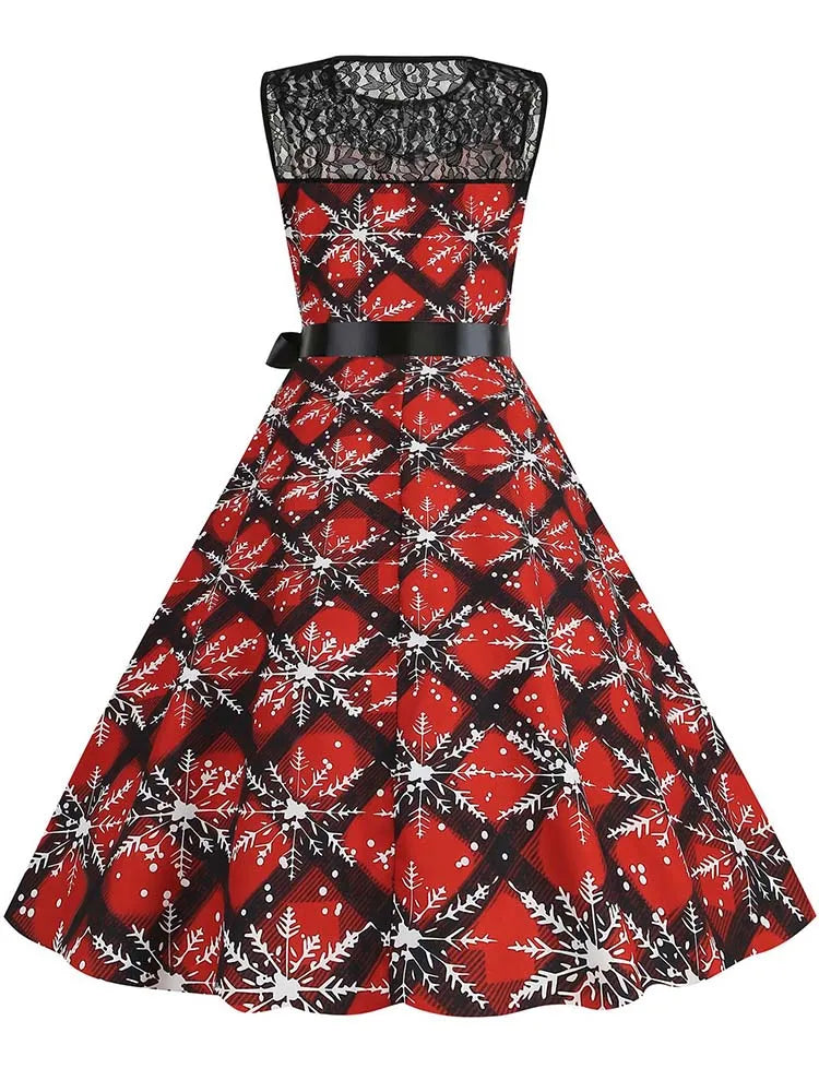 Christmas Dress Women Vintage 50s Lace Sleeveless Print Party A Line Santa Claus Sundress Runway Midi Pinup Flare Dresses