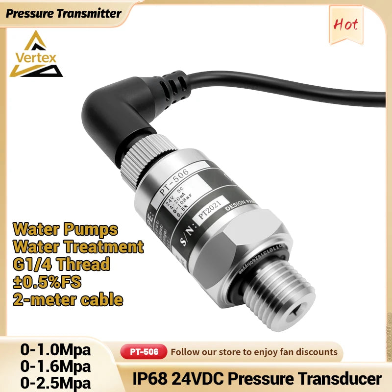 0.5%FS Pressure Transducer 0-1/1.6/2.5Mpa IP68 PT506 Pressure Transmitter Variable Frequency Water Pump Sensor DC24V G1/4 4-20mA