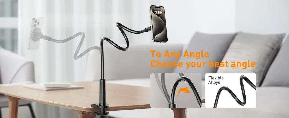Magnetic Mobile Phone Stand Gooseneck Office Home 360° Rotation Bed Table Foldable Holder with Metal Rings for iPhone 16 15 14