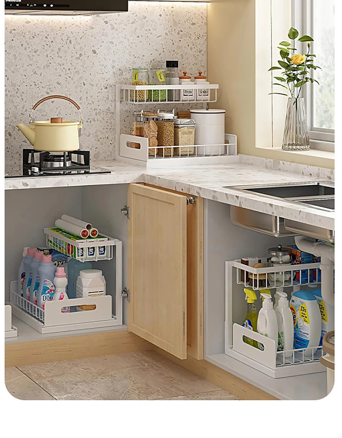 Carbon Steel Kitchen Shelf Double Space Saving Shelves Pull-out Design Countertop/Under Cabinet Dual Use