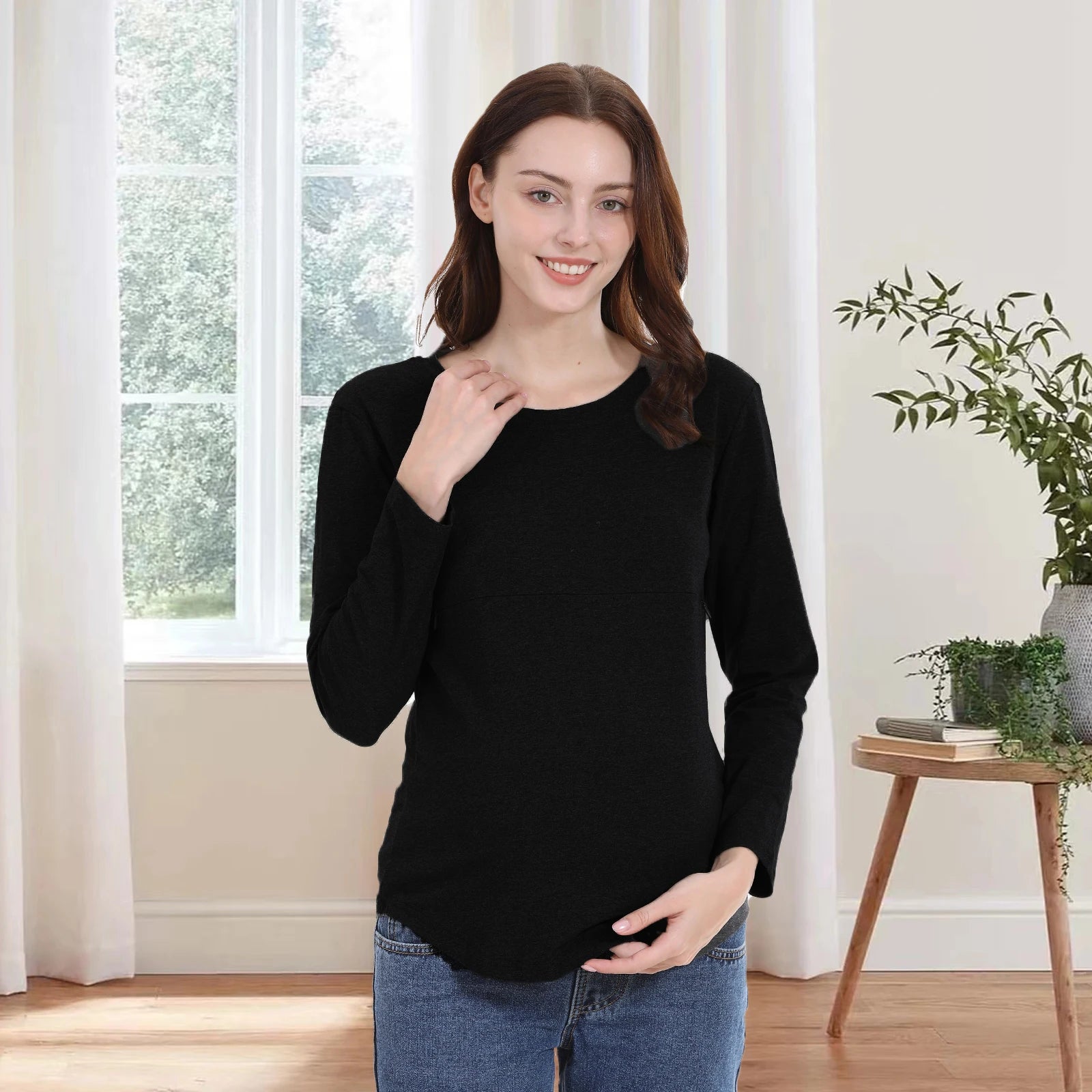 Breastfeeding T Shirt Maternity Clothes Long Sleeve Pregnancy Loose Hem Nursing Tee Spring Autumn Good Stretch Cotton