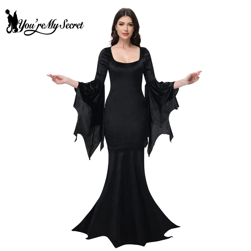 [You're My Secret] Halloween Morticia Adams Primate Black Adams Family Dress Retro Gothic Flared Sleeve Fishtail Dress Vestido